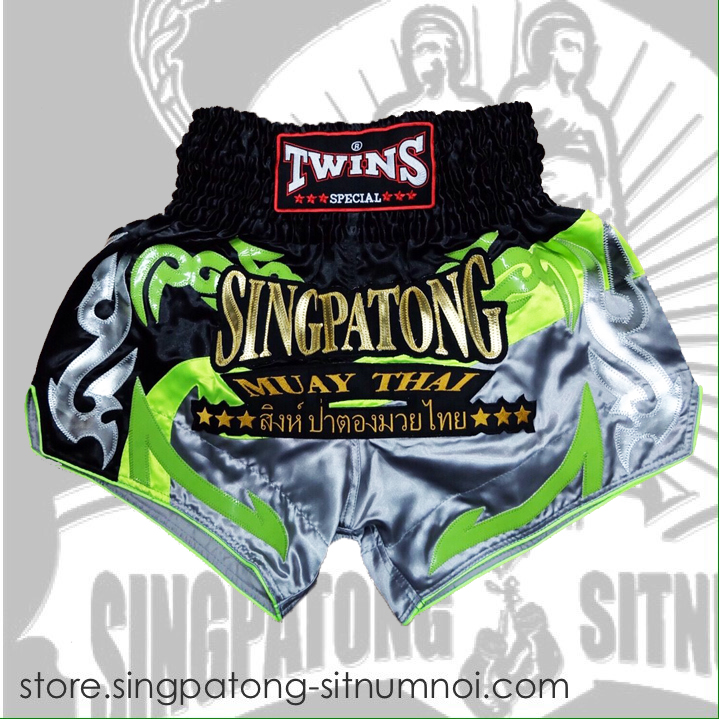 Twins Muay Thai Shorts BLACK NEON GREEN - Singpatong Sitnumnoi Store